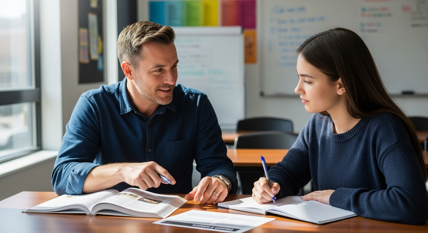 In-person feedback session between teacher and student discussing academic progress.