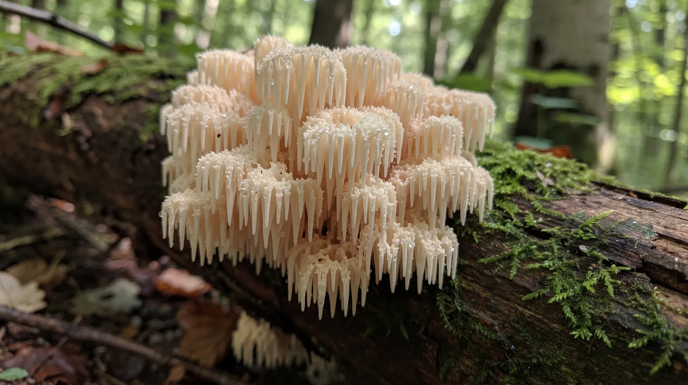 The image showcases a fresh lion's mane mushroom growing on a log in a lush forest setting, highlighting its unique, fluffy appearance that resembles a mane. This mushroom is known for its potential health benefits, including support for immune health and cognitive function, making it a popular choice in mushroom supplements.
