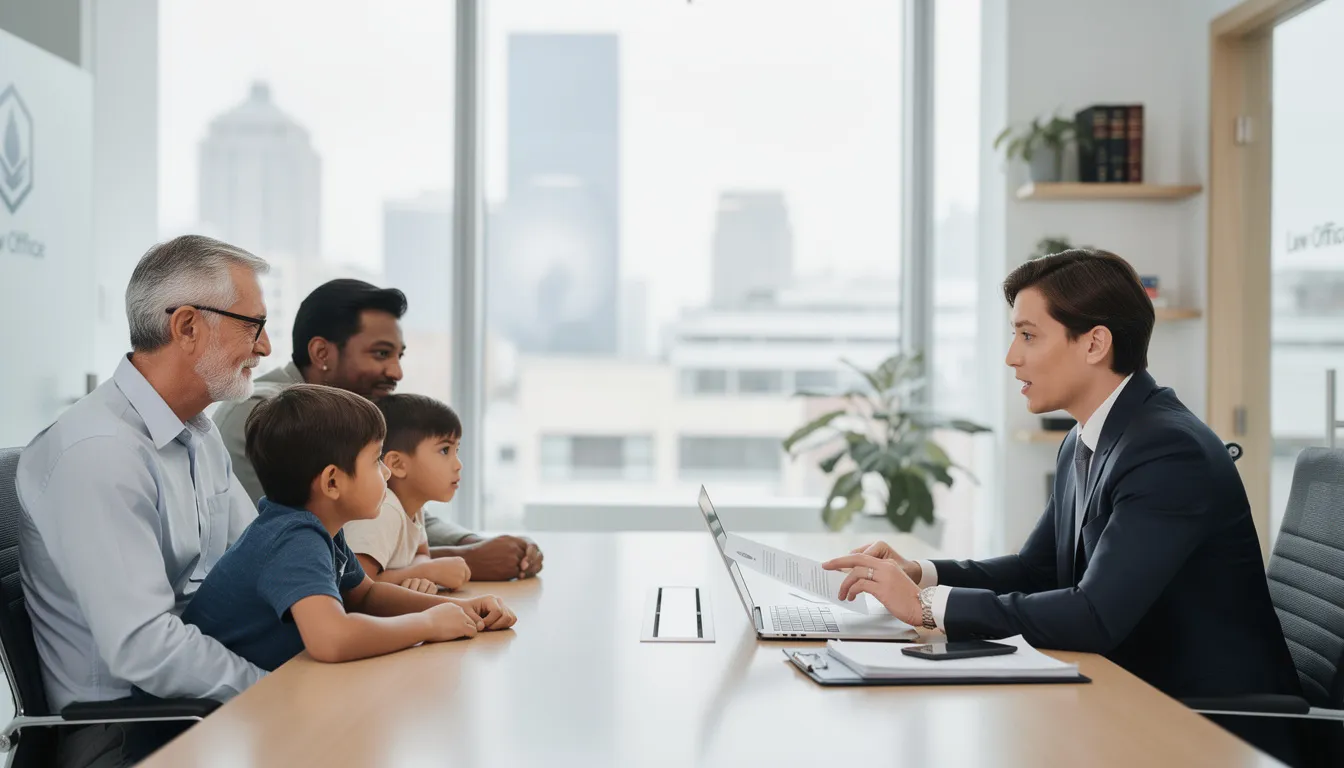 A professional bilingual attorney is meeting with a diverse family in a modern law office, discussing various legal issues including divorce and estate planning. The setting reflects a commitment to personalized attention and support for families in the Torrance area, emphasizing the attorney's role as an advocate for their clients' well-being and future.