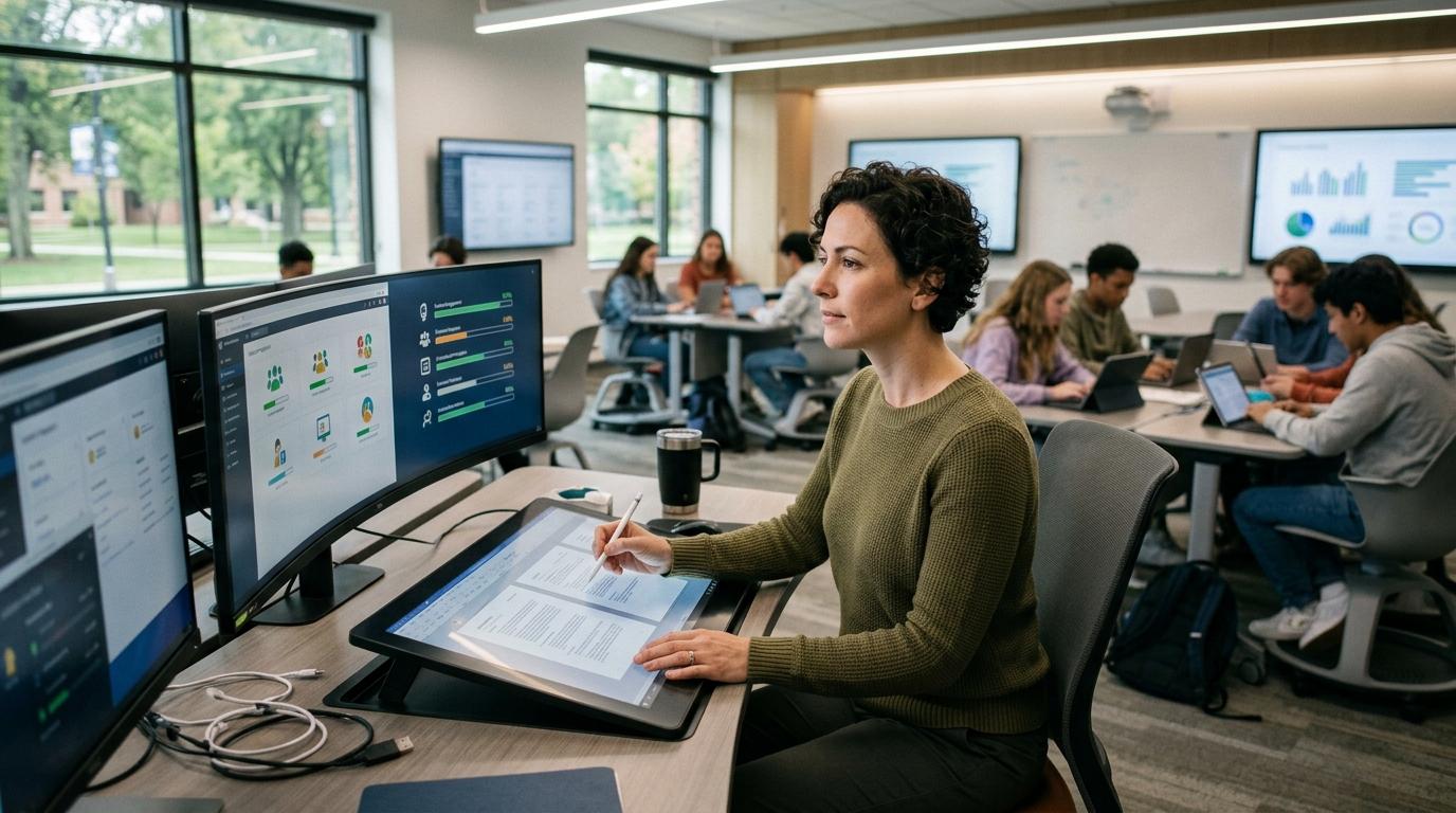 Modern educator working seamlessly across a connected digital teaching ecosystem, reviewing student assignments while monitoring classroom participation in a technology-enabled learning environment.