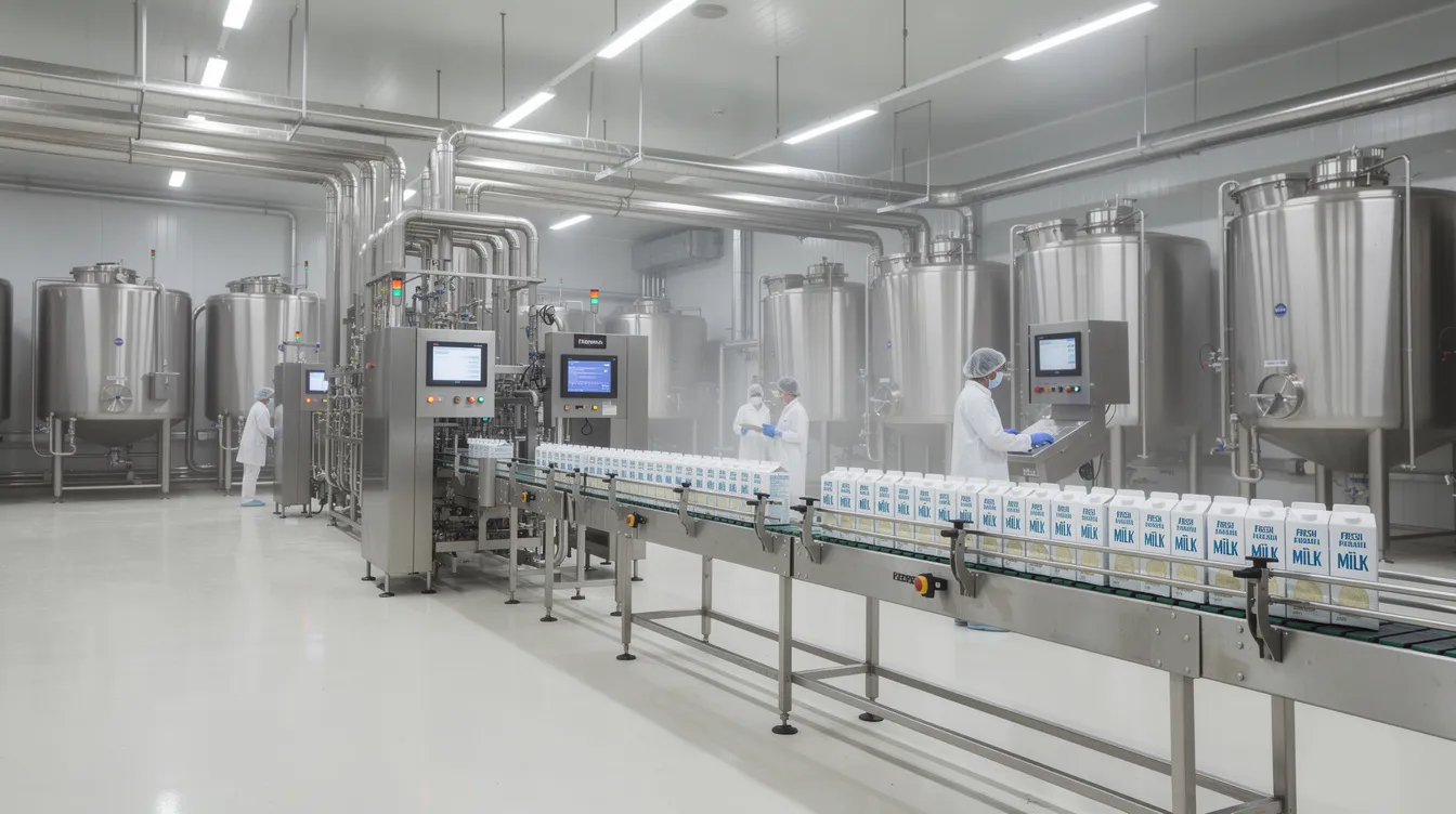 bff57003 51b3 403d a9ba 57dcf90dcf7d The image depicts the interior of a modern dairy processing plant featuring stainless steel tanks, intricate piping, and automated equipment, all essential for efficient milk processing and production of value-added dairy products. This facility represents a key part of the dairy processing industry, ensuring the quality and safety of various milk products.