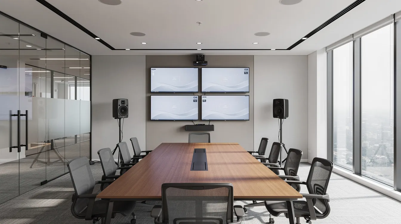 Een moderne audiovisuele werkruimte met meerdere schermen en speakers, aangevuld met een vergadertafel. Deze ruimte is ontworpen voor effectieve samenwerking en communicatie, waar professionals zoals Mark Ebing en Shelly Sterk hun zakelijke carrière kunnen ontwikkelen.
