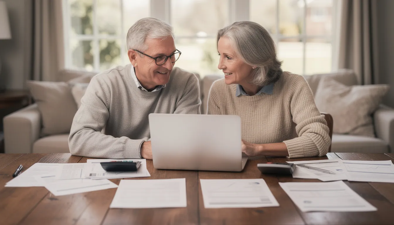 An older couple sits closely together at a table, reviewing financial documents as they plan for their retirement. They appear focused and engaged, discussing their retirement savings strategies and goals, highlighting the importance of personalized advice for a secure retirement.
