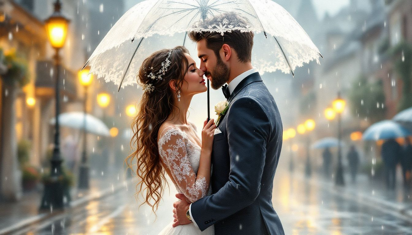 A couple enjoying their wedding despite rain.