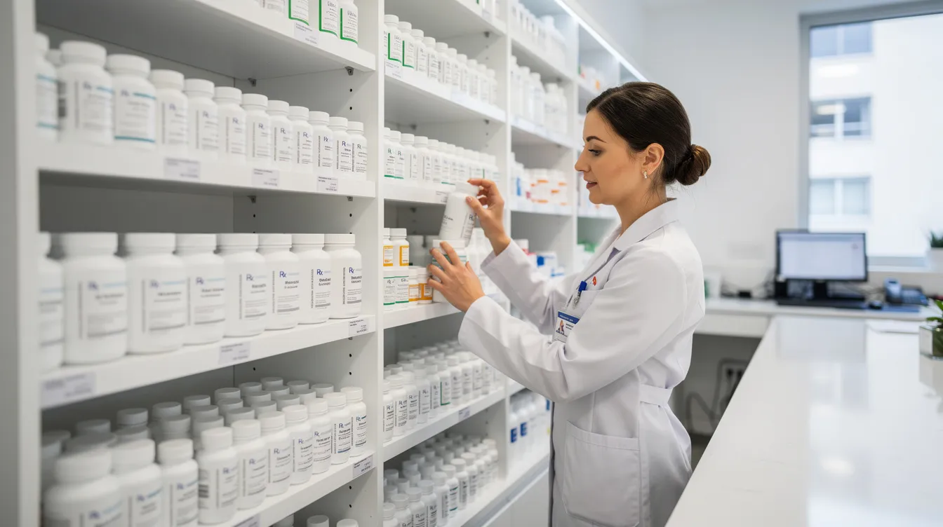 A pharmacy technician is meticulously organizing medication bottles on shelves in a clean and well-lit pharmacy environment, ensuring proper medication safety and patient care. The scene highlights the importance of certified pharmacy technicians in maintaining an efficient pharmacy setting.