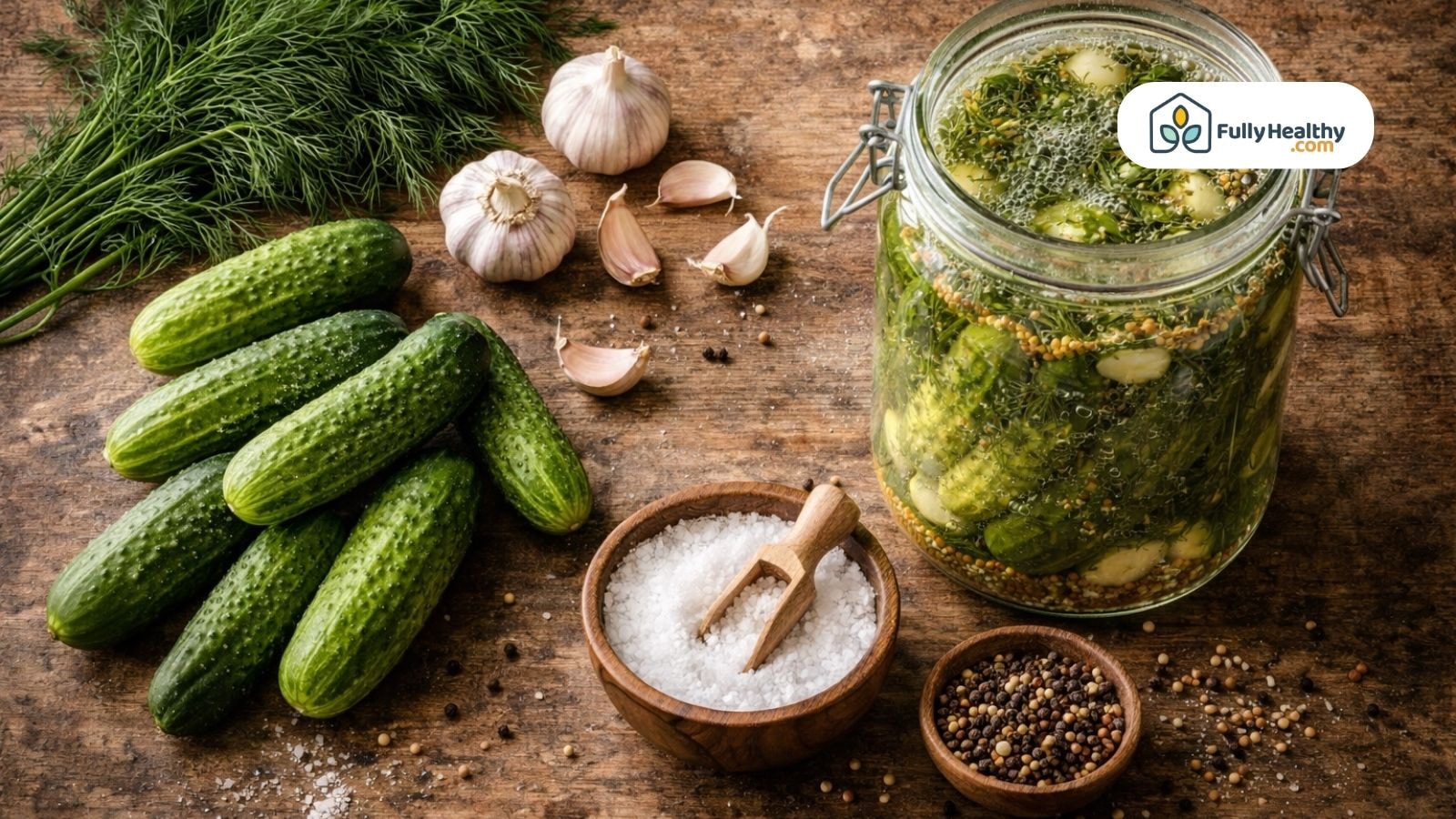 Fermented pickle jar with cloudy brine garlic dill and mustard seeds