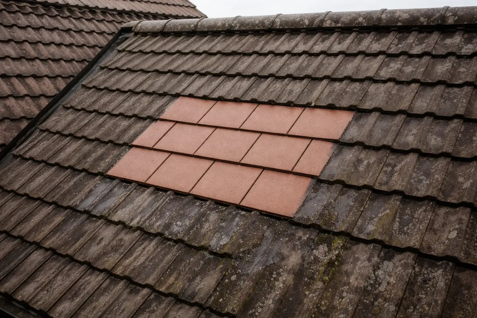 roof repair patch next to worn tiles showing why some repairs do not last