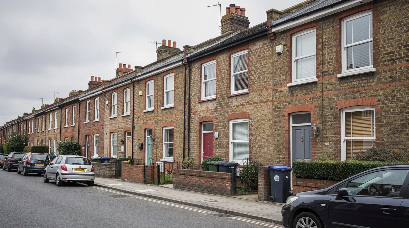 The image depicts a row of terraced brick houses on a UK residential street, showcasing shared party walls between the properties. These adjoining structures highlight the importance of the Party Wall Act 1996 in managing party wall matters and resolving disputes between property owners.