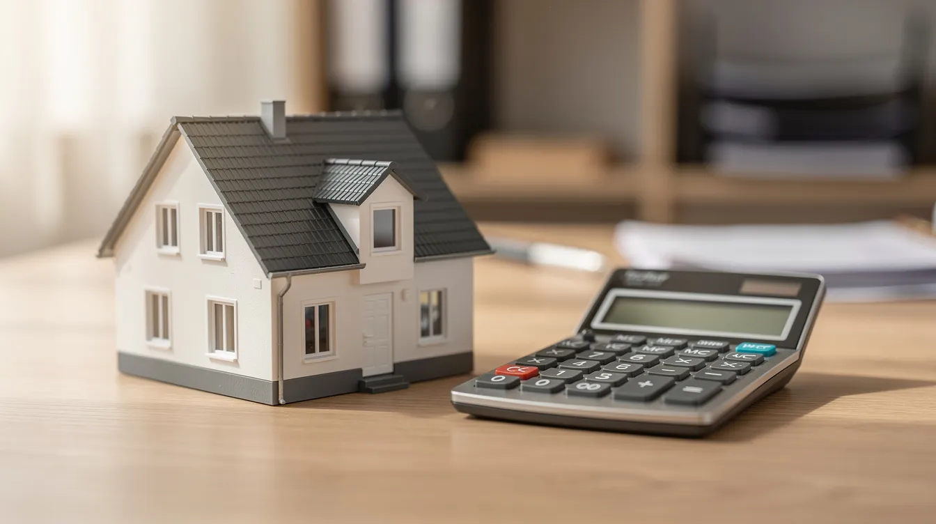 The image shows a small model house placed next to a calculator on a desk, symbolizing the concept of home equity, which can be accessed through options like a home equity line of credit (HELOC) or a home equity loan to help finance home improvements or consolidate high-interest debt. The calculator represents the financial calculations often involved in understanding repayment periods and interest rates associated with borrowing against home equity.