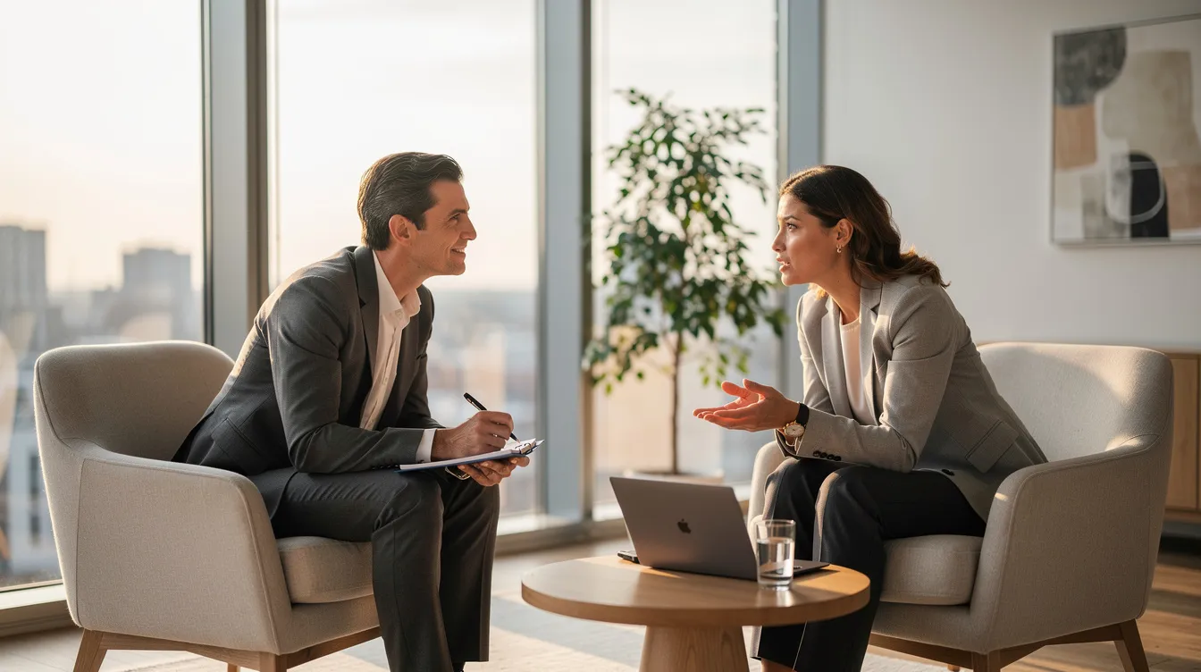 The image depicts two professionals engaged in a focused and collaborative coaching conversation within a modern minimalist space, emphasizing the importance of effective communication skills and emotional intelligence for personal and professional growth. This setting highlights their commitment to personal development and achieving their professional goals through active listening and practical strategies. The image depicts two professionals engaged in a focused and collaborative coaching conversation within a modern minimalist space, emphasizing the importance of effective communication skills and emotional intelligence for personal and professional growth. This setting highlights their commitment to personal development and achieving their professional goals through active listening and practical strategies.