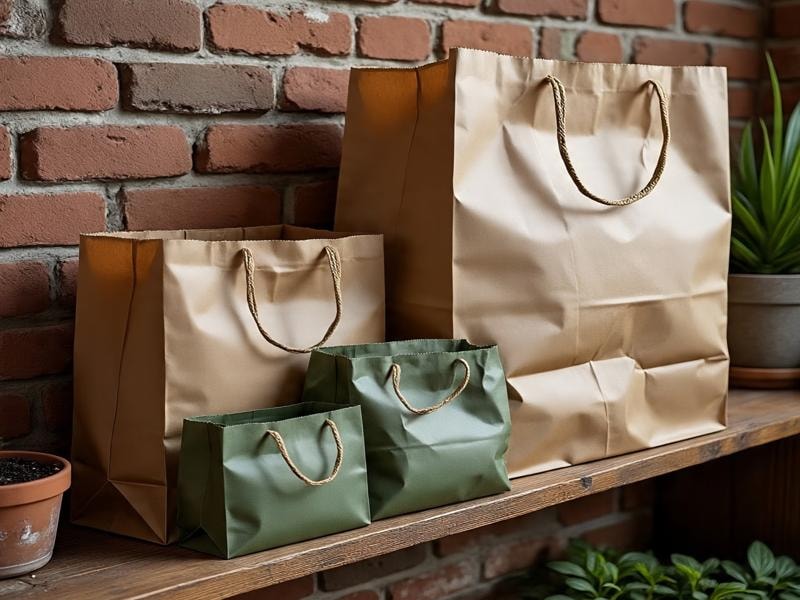 An image of four paper shopping bags on a wooden shelf against a brick wall, with two large brown bags and two smaller green bags, all with rope handles. A plant in a pot is placed beside them.