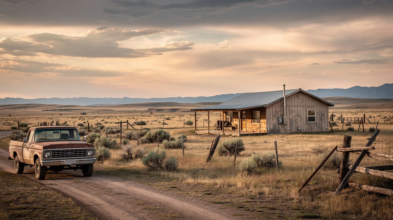 The image depicts a rural Wyoming ranch property featuring a modest house and a parked pickup truck, surrounded by vast open landscapes typical of the region. This serene setting could be a place where individuals seek a fresh start, perhaps considering legal services related to bankruptcy in Wyoming.