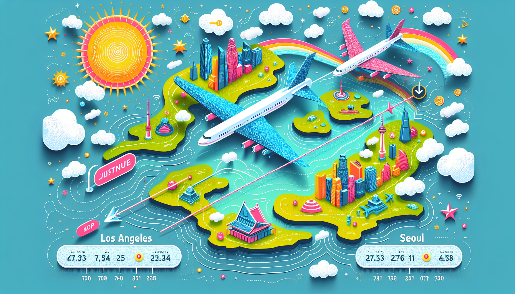 An illustration showing the flight duration from Los Angeles to Seoul.