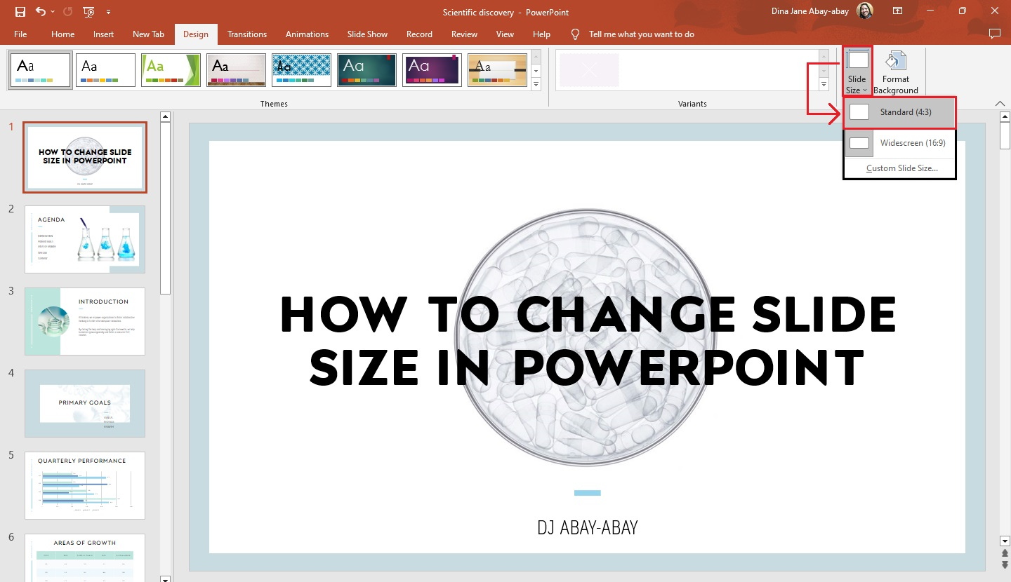 In the drop-down menu, select a specific slide size for your presentation.