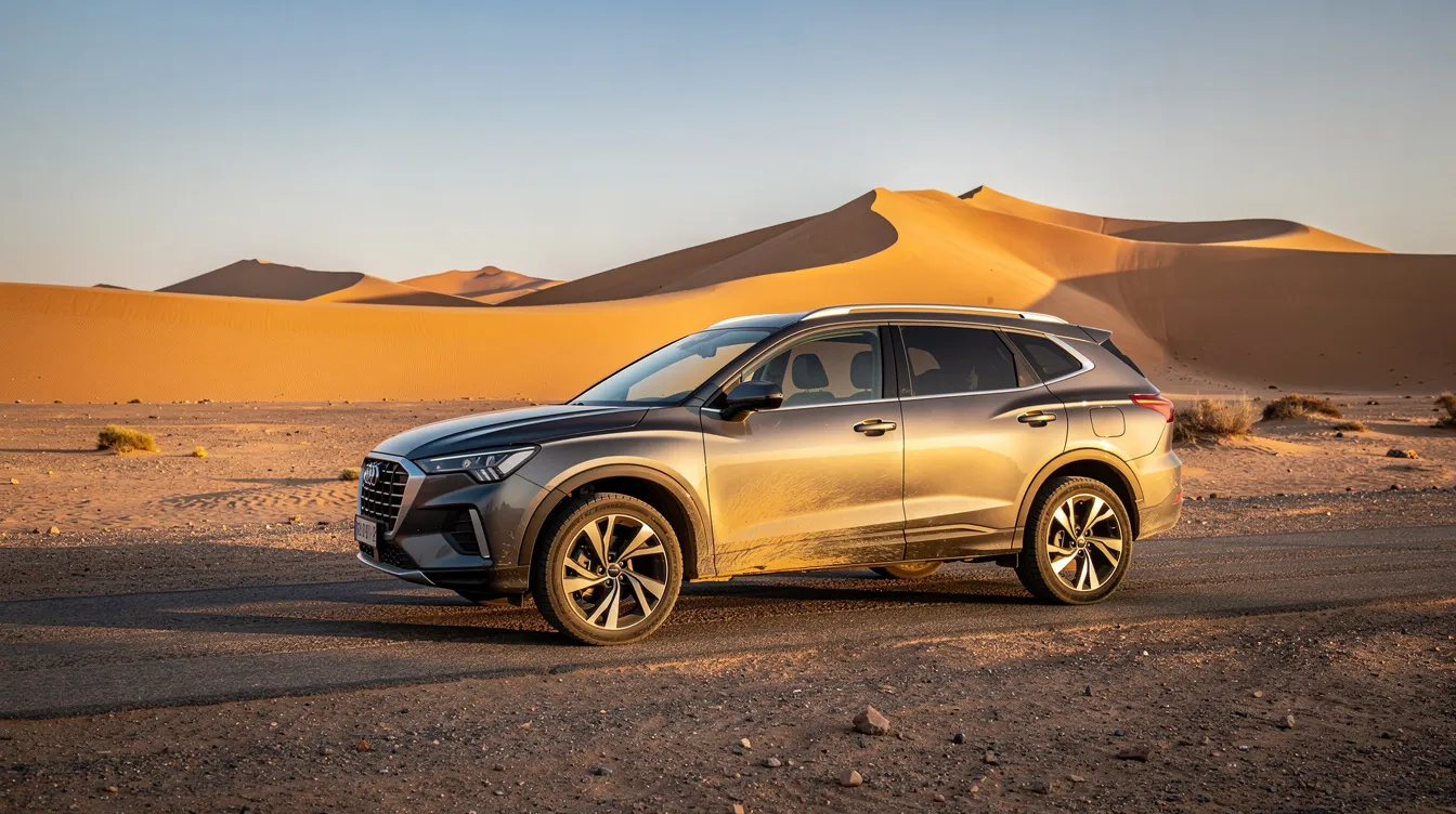 SUV garé sur une route poussiéreuse avec les dunes en arrière-plan.