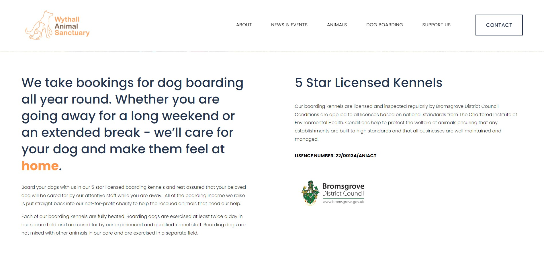 Wythall Animal Sanctuary website displays the boarding licence number
