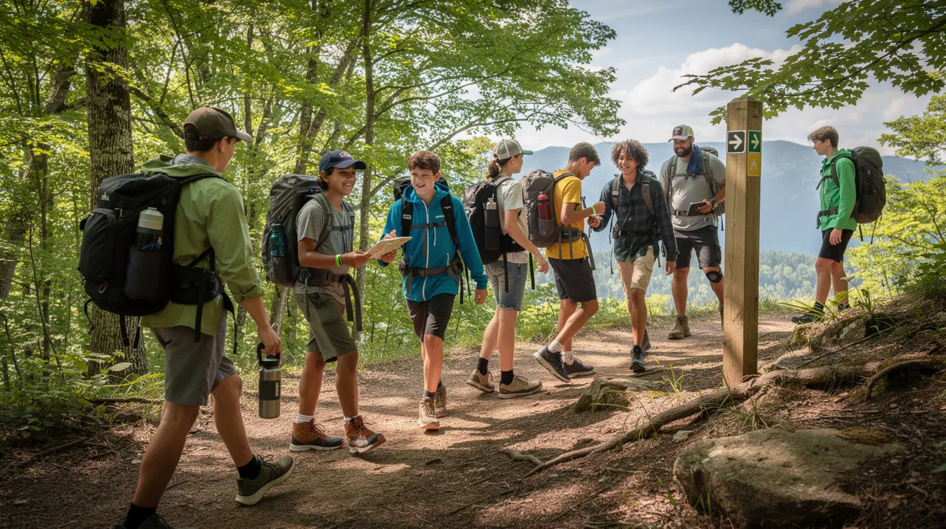 The image depicts a group of teenage boys hiking in a lush natural setting, engaging in a structured outdoor activity that promotes physical exercise and social skills. This positive environment provides an opportunity for these boys, who may experience symptoms of ADHD or other mental health issues, to enhance their problem-solving skills and peer relationships while enjoying nature.