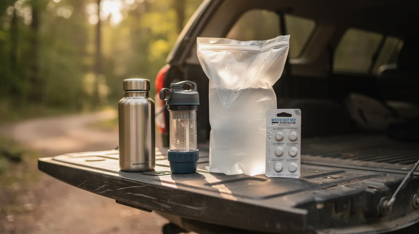 The image shows a compact survival kit arranged on a tailgate, featuring a squeeze filter, metal water bottle, purification tablets, and a collapsible water bag, all essential tools for ensuring access to clean drinking water in emergency situations. This kit includes portable water filters and other survival tools designed to purify water and provide safe hydration during extended periods outdoors.