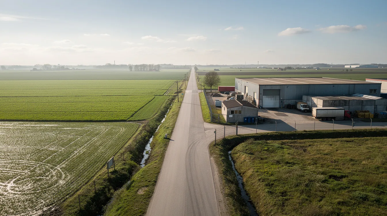 The image depicts a rural industrial plot surrounded by lush green agricultural fields, with a road leading up to it, suggesting a potential site for a rice mill plant. This location could support rice mill operations, including paddy procurement and processing capacity, essential for producing polished rice and ensuring operational efficiency.