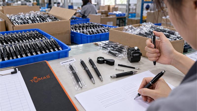 Quality inspector checking writing consistency, click mechanisms, samples, and packaging for a bulk custom ballpoint pen order.