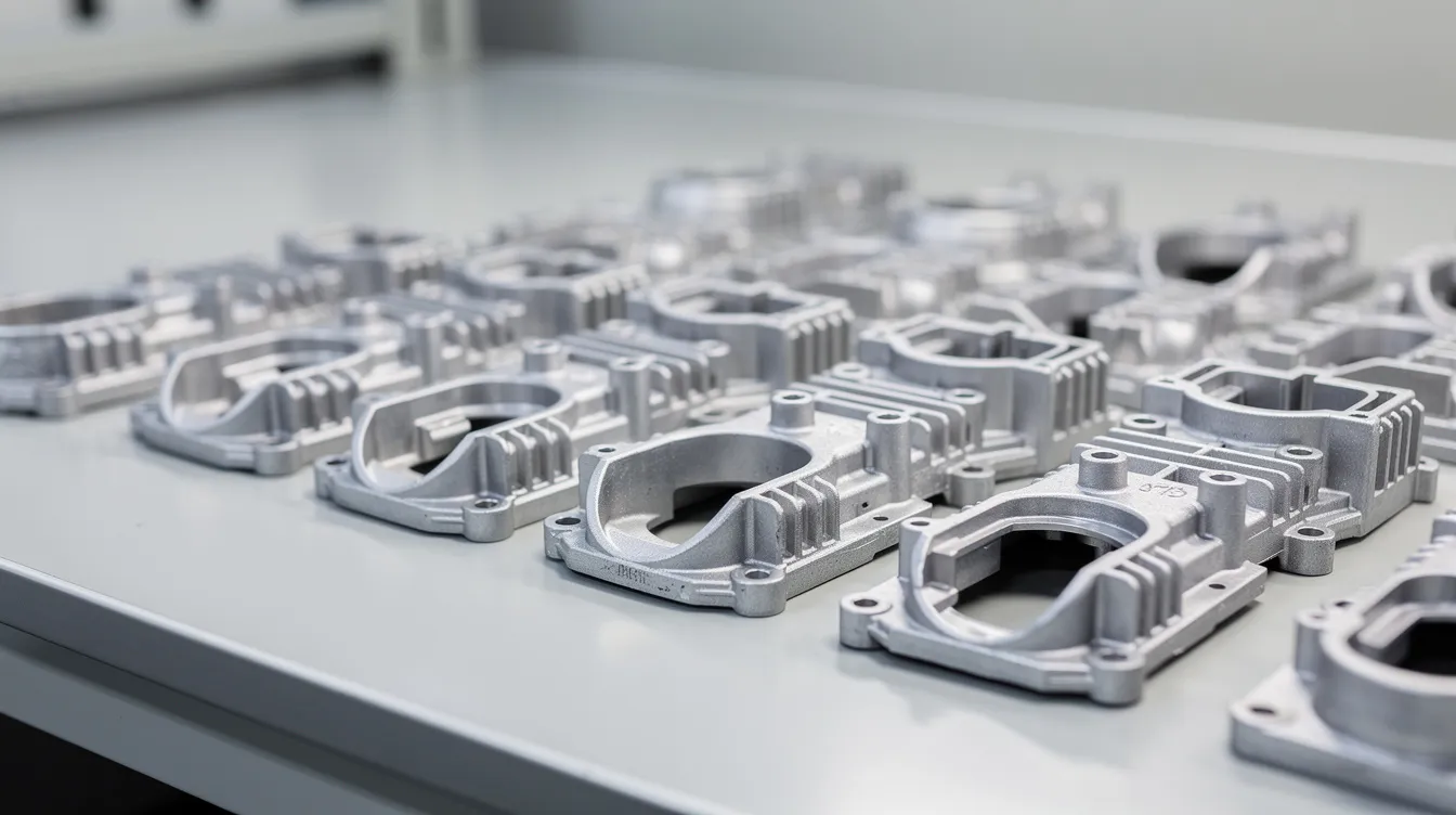 A close-up view of precision aluminum die cast automotive housing components is displayed on an inspection table, highlighting the intricate details and quality of the parts produced through advanced die casting processes. These metal components, essential for the automotive industry, emphasize the high standards maintained by leading casting manufacturers in China.