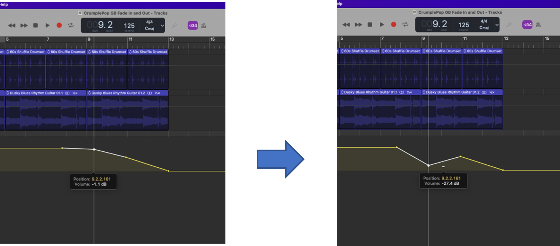 Moving a volume point to adjust amount and timing of fade-out effect