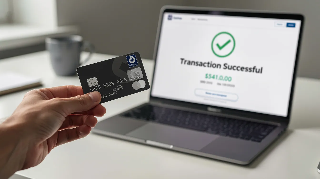A hand is holding a debit card next to a laptop screen displaying a financial transaction confirmation, indicating an online payment process. The scene suggests a focus on digital finance, relevant for users in the Netherlands who may need to follow specific international dialing formats when making calls.