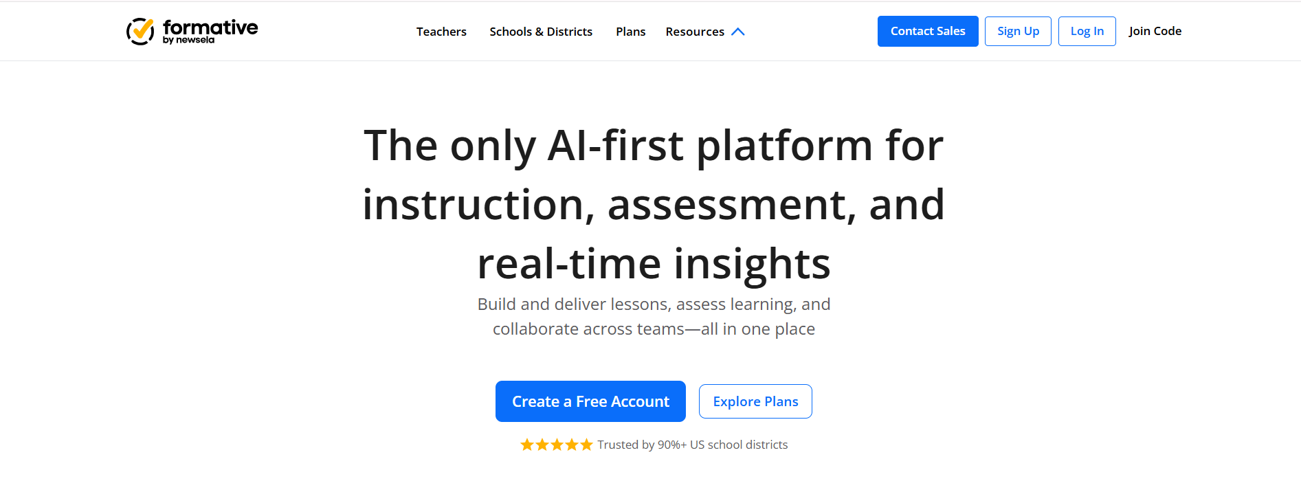Formative by Newsela homepage highlighting an AI-powered classroom assessment platform with real-time insights, lesson creation, and digital learning tools for educators