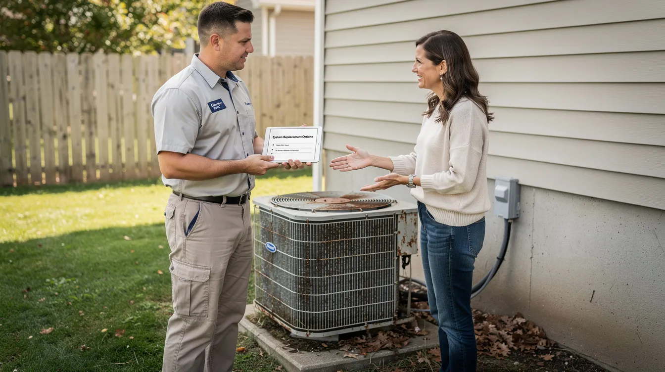 An HVAC contractor is discussing replacement options for an air conditioning unit with a homeowner, standing next to an outdoor AC unit. They are reviewing factors like energy efficiency ratings and installation costs to help the homeowner make an informed decision about upgrading their HVAC system.
