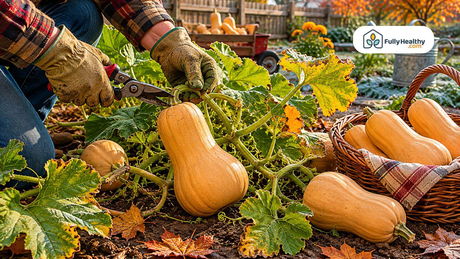 Gardener harvesting butternut squash from vine using shears in autumn vegetable garden