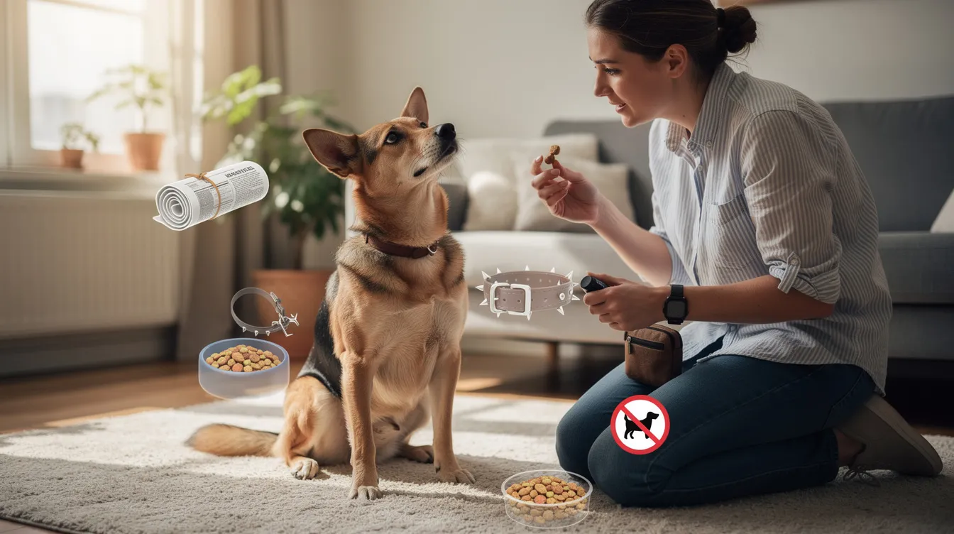 The image depicts a diverse group of dog owners at a dog park, interacting with their pets of various breeds, including puppies and small dogs. Some owners are engaged in training activities, while others observe their dogs' behaviors, highlighting the common myths and misconceptions surrounding dog training.