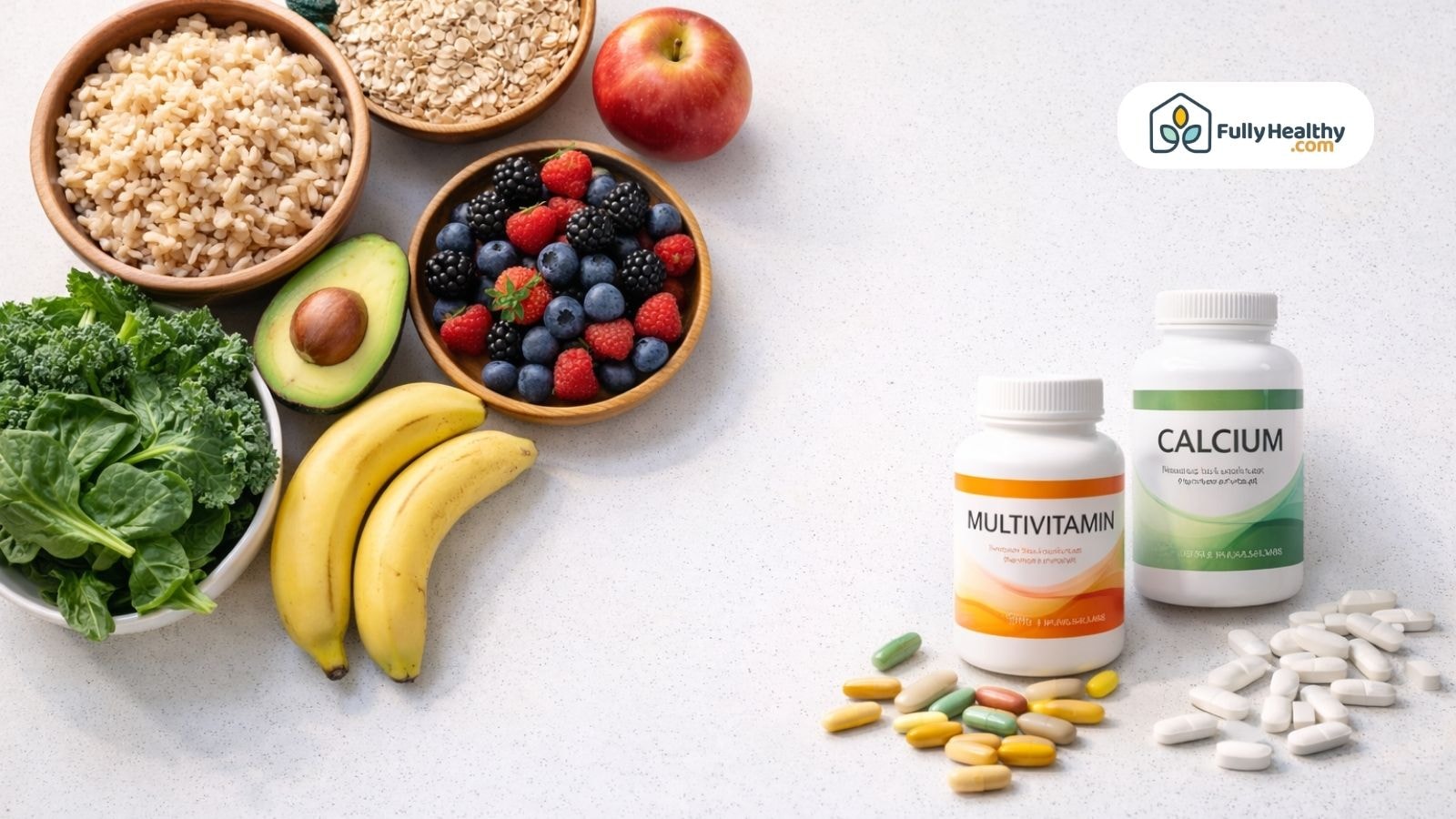 Healthy fiber rich foods beside multivitamin and calcium bottles