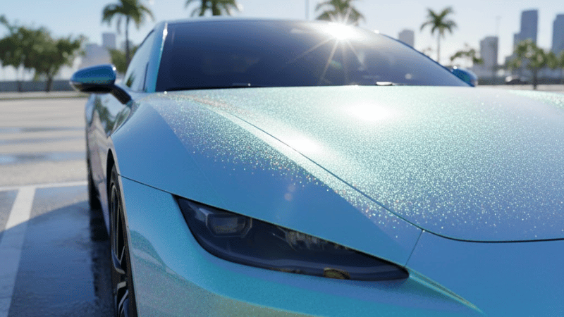 blue iridescent car wrap on the car hood and roof