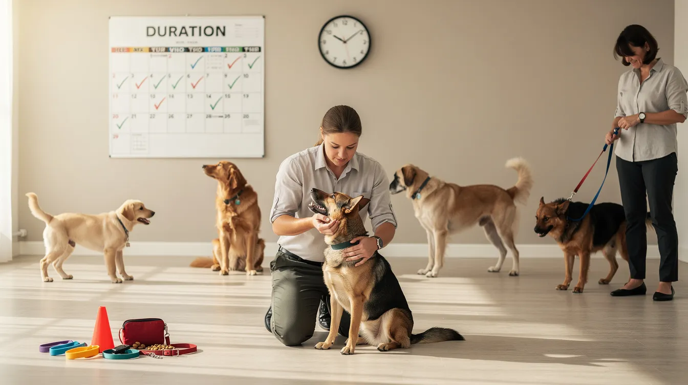 The image depicts a dog trainer engaging with a young puppy during a training session, emphasizing the importance of positive reinforcement and basic obedience skills. The setting suggests a controlled environment where both the dog and trainer can focus on learning foundational skills, illustrating the commitment required for effective dog training.