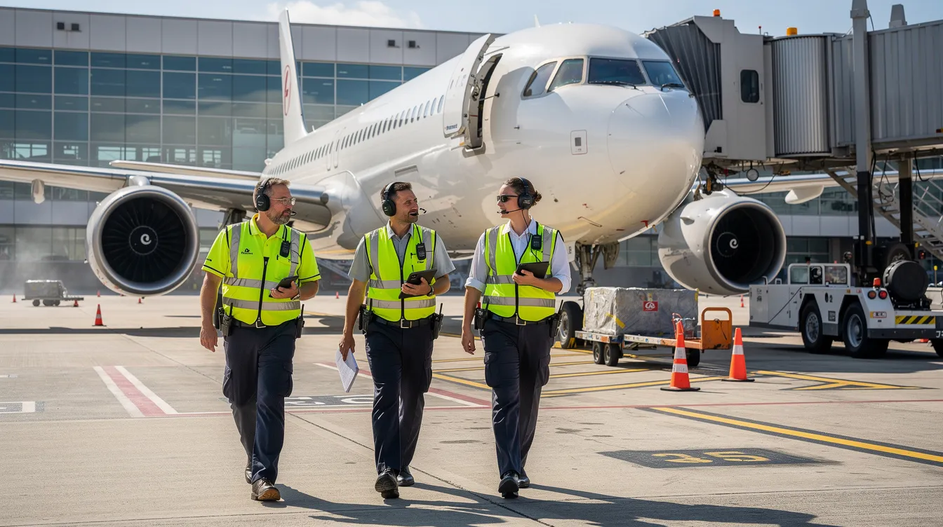 A group of airport operations team members, dressed in uniforms, is walking near an aircraft on the ramp, demonstrating teamwork in the aviation industry. This scene highlights the dynamic environment of airport operations, where effective communication and interpersonal skills are essential for success.