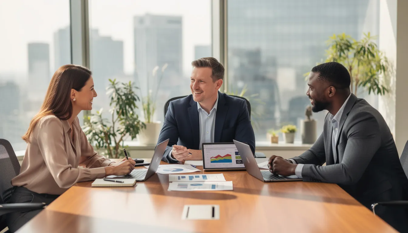 The image depicts a financial advisor meeting with clients in a professional office, discussing strategies for retirement savings, including options like a Roth IRA and traditional 401(k). The setting emphasizes the importance of understanding tax implications and planning for tax-free income in retirement.