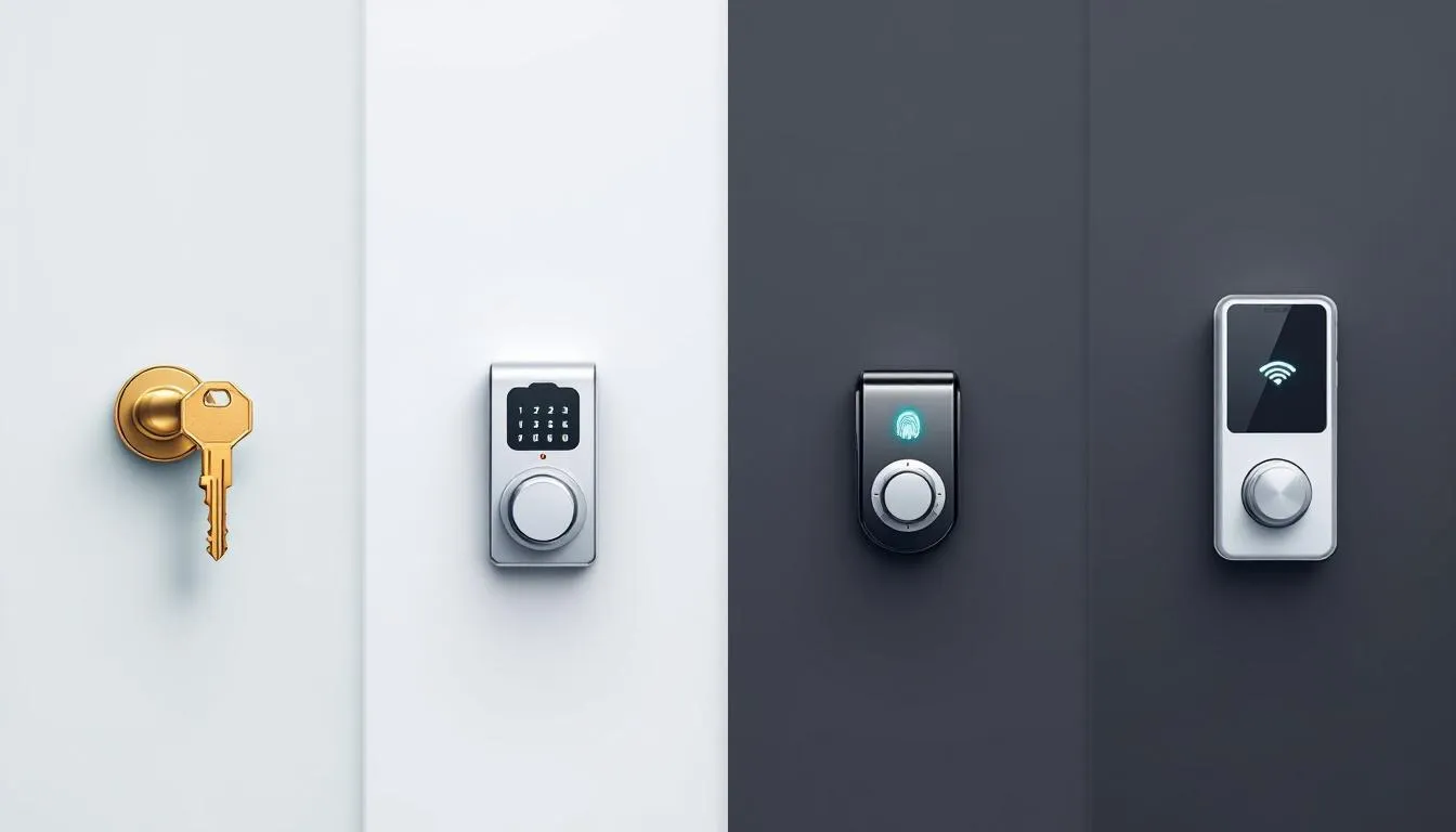 An illustration showing the evolution from traditional locks to smart door locks, highlighting various locking mechanisms.