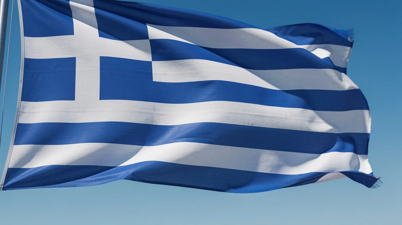 A imagem mostra a bandeira da Grécia, que consiste em nove listras horizontais alternadas em azul e branco, com um quadrado azul no canto superior esquerdo contendo uma cruz branca. Essa bandeira simboliza a rica cultura e história do país, ideal para quem busca informações sobre viagens e destinos na Grécia.