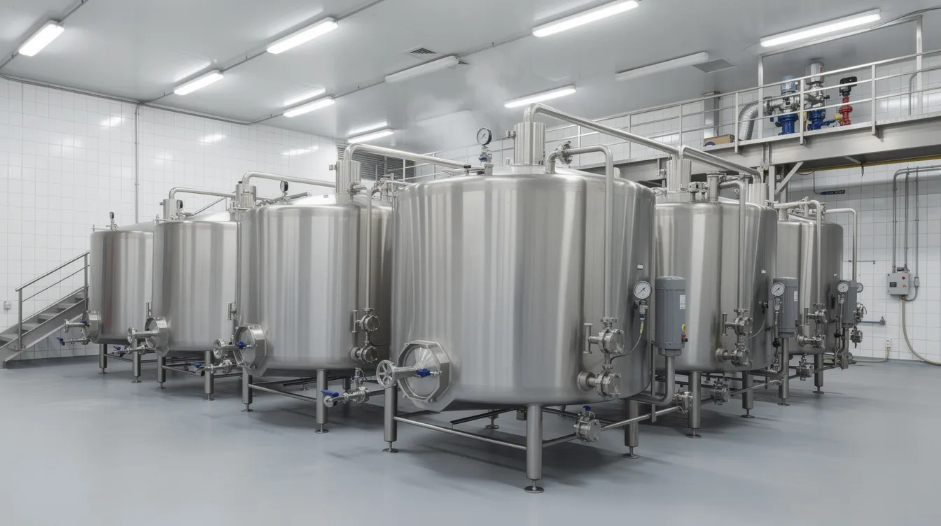 c013fc1f 5fcb 4be1 8f2a 4eb2780f3294 Inside a modern dairy processing facility, stainless steel cheese vats are prominently displayed, showcasing the advanced machinery used in cheese production. This setup highlights the essential infrastructure requirements for a successful cheese manufacturing business, emphasizing the importance of quality control and operational efficiency in the dairy industry.
