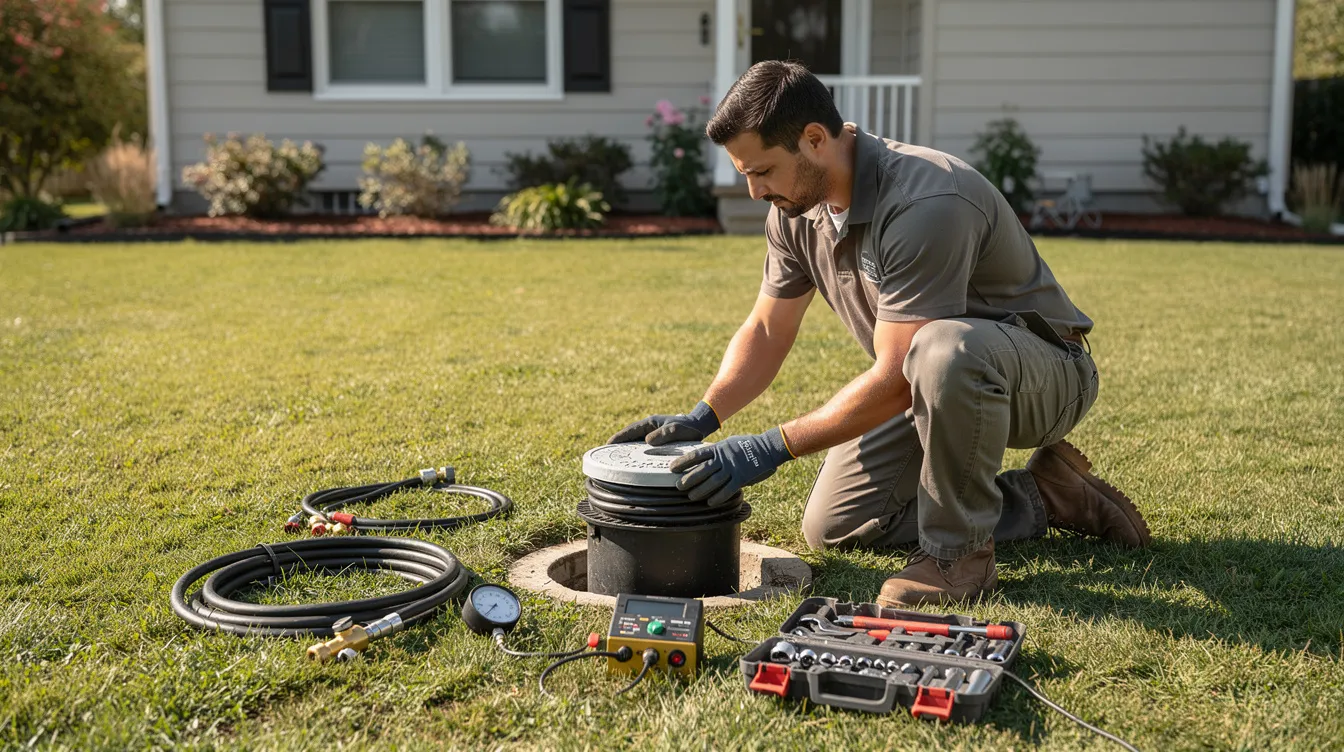A plumber kneels beside an outdoor sewer cleanout access point in a residential yard, preparing to conduct a leakage test on the sewer system. He is equipped with professional tools and wearing work gloves, focused on checking for any leaks in the sewer pipes to ensure the structural integrity of the plumbing system.