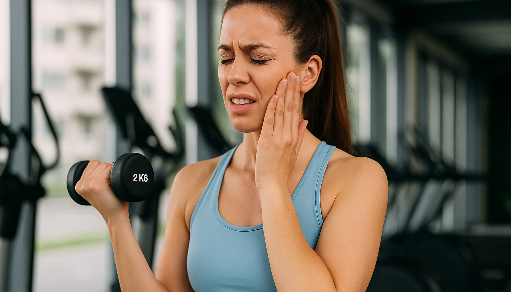 Ung kvinne på treningssenter med manual opplever smerte i kjeven etter visdomstannfjerning, viser utfordringer med å starte trening igjen."