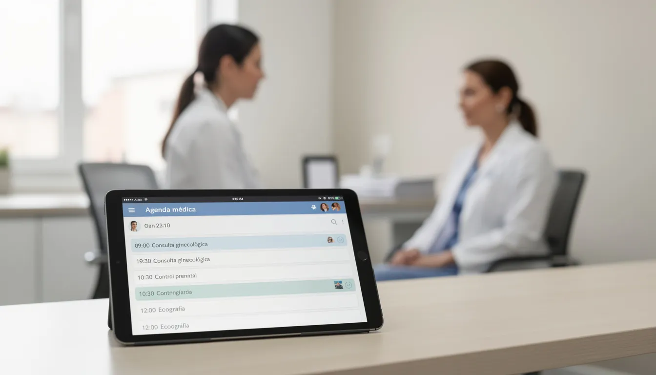 Una tablet muestra una agenda médica digital en un consultorio de ginecología, donde se pueden ver datos sobre la historia clínica ginecológica de una paciente, incluyendo antecedentes, tratamientos y detalles sobre embarazos. La imagen resalta la importancia de llevar un control adecuado de la salud femenina y la planificación familiar.