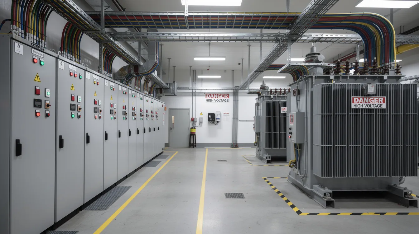 The image depicts an industrial electrical panel room within a factory setting, showcasing switchgear, transformers, and organized cable trays essential for the operation of UHT milk processing plants. This environment highlights the critical role of electrical supply and control systems in ensuring efficient dairy processing and the production of long shelf life dairy products.