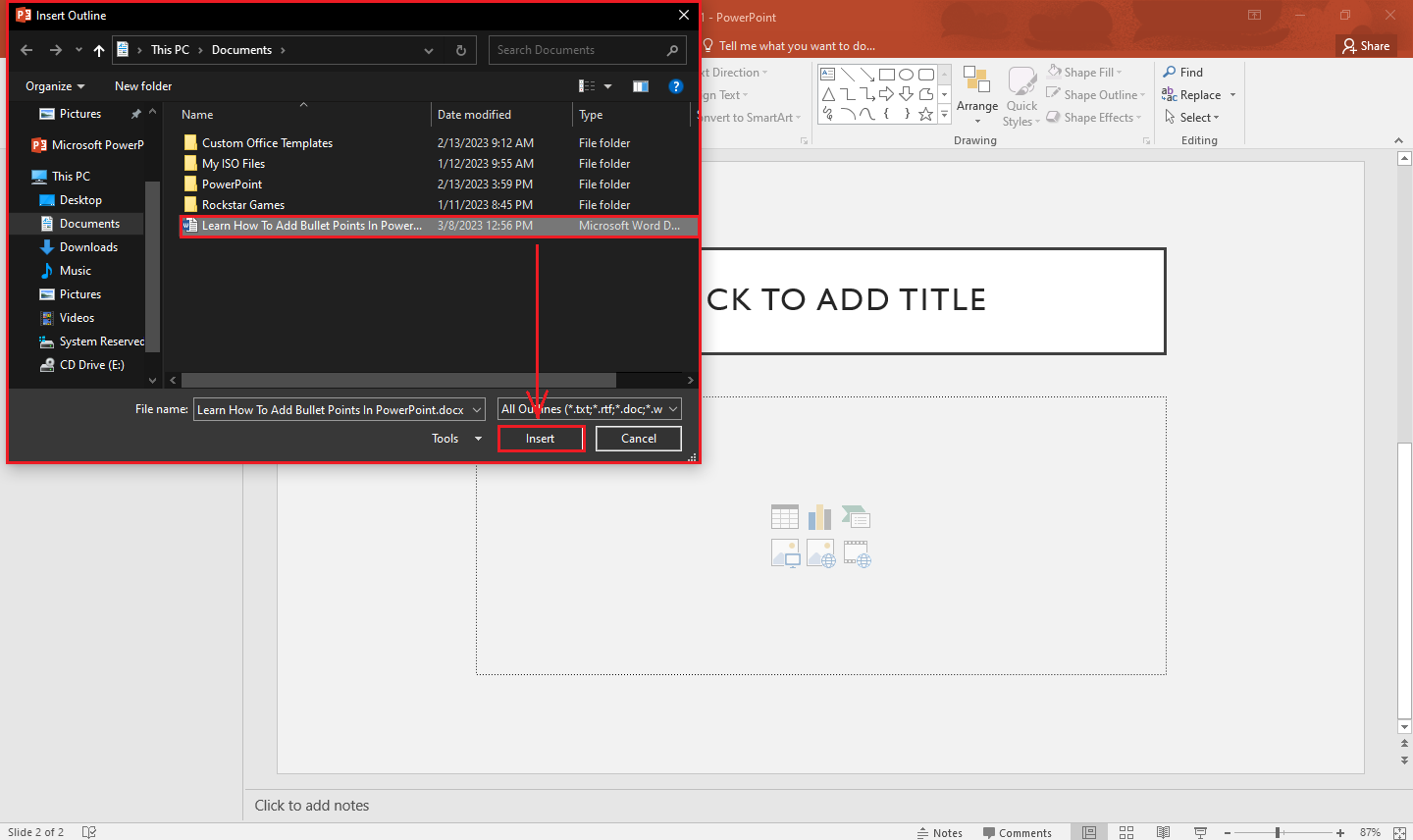 In the "Insert Outline" dialog box, navigate and select the outline file you want to insert into your presentation.