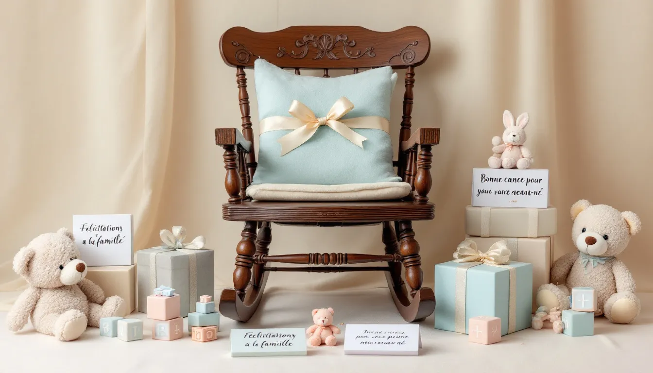 A beautifully arranged baby shower group gift setup features a handcrafted wooden rocking chair adorned with a folded baby blanket, surrounded by delightful soft toys and congratulatory gift cards, making it a perfect baby shower gift that stands out. This thoughtful display offers a unique touch for new parents celebrating their baby's arrival.