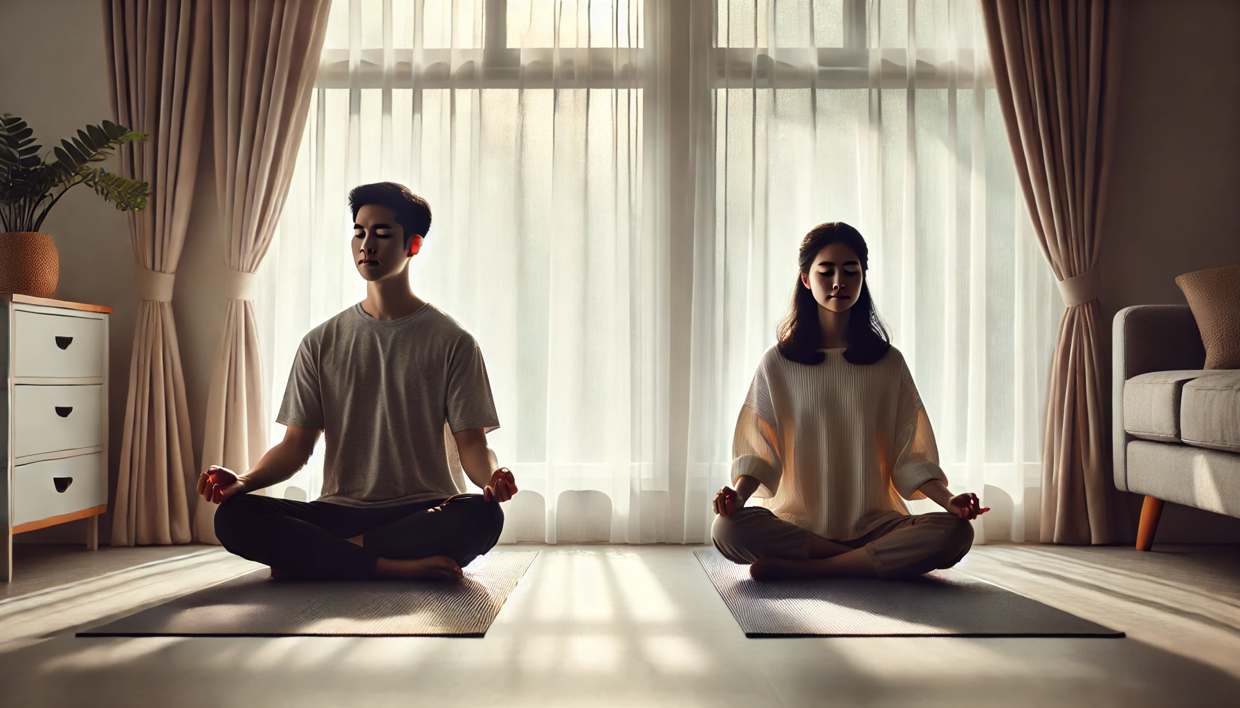 A couple meditating side-by-side on yoga mats