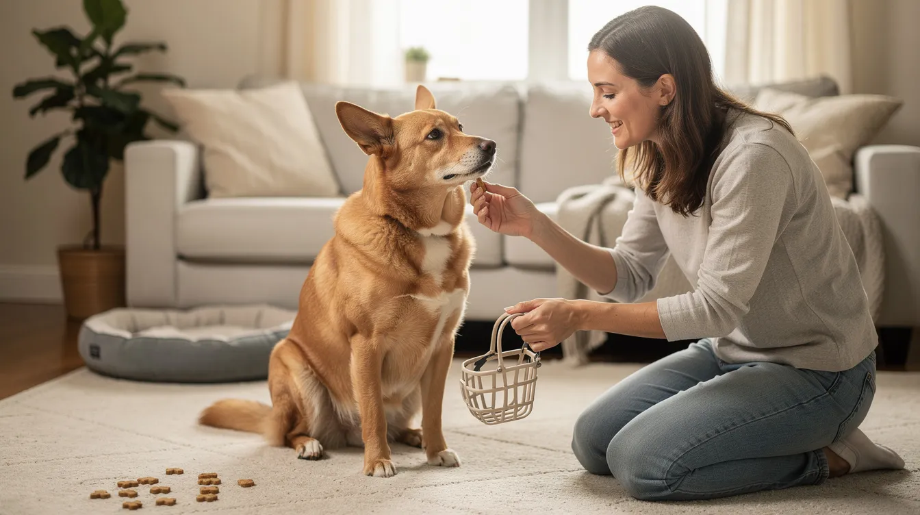 The image depicts a dog comfortably wearing a basket muzzle while sitting in a training session, surrounded by various dog treats like string cheese and hot dogs. The scene emphasizes a positive association with the muzzle, showcasing the dog enjoying the treats and appearing relaxed, highlighting the importance of teaching muzzle training in a stress-free environment.