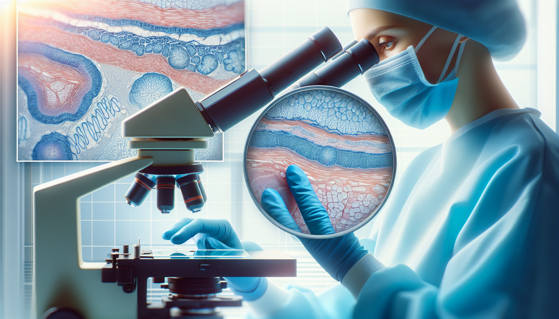 Illustration of Mohs surgery tissue removal and microscopic analysis