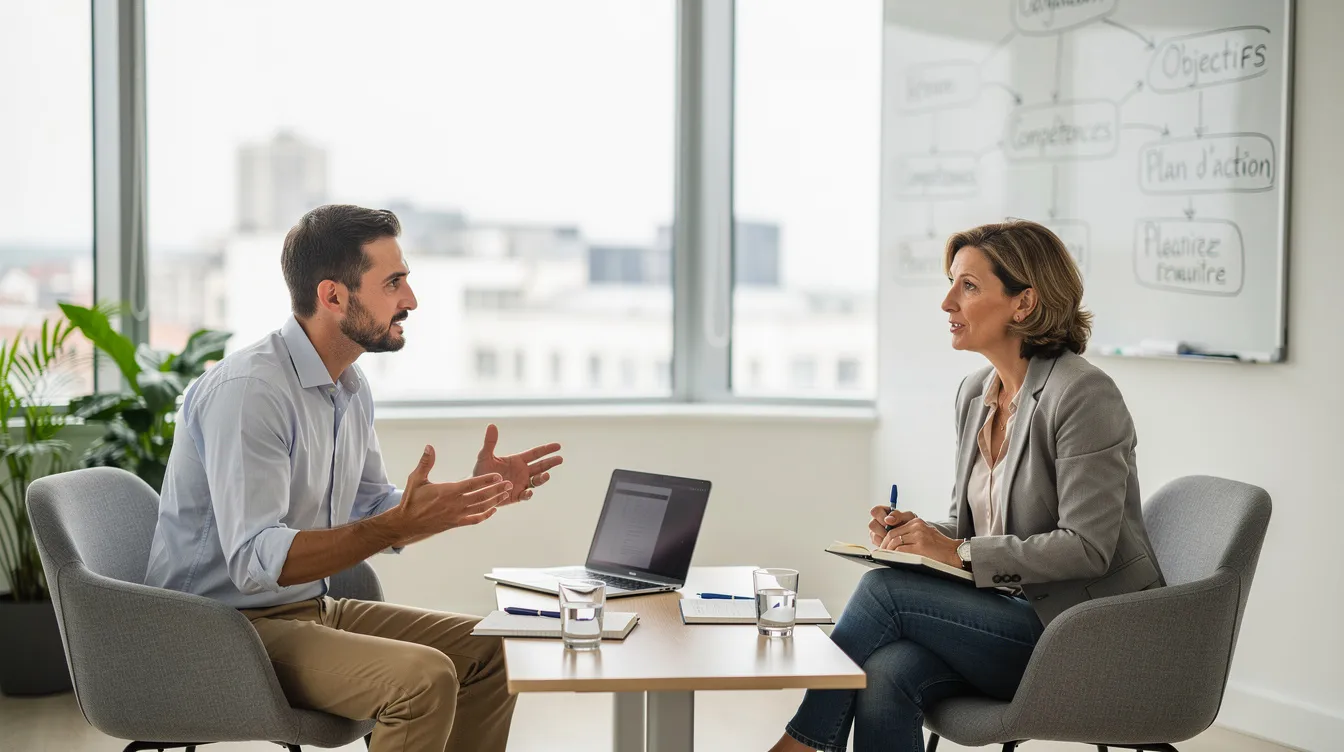 L'image montre une session de coaching professionnel en face à face dans un bureau, où un manager discute avec un collaborateur. Cette interaction met en avant le style de management et l'approche personnalisée pour améliorer la performance et le bien-être des membres de l'équipe.