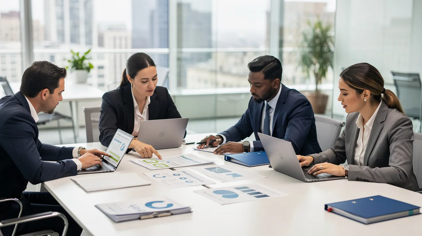 A professional consulting team is gathered around a conference table in a modern office, reviewing training documents and discussing instructional design strategies. They focus on aligning learning objectives with intended learning outcomes to enhance the effectiveness of their training materials and meet the needs of adult learners.